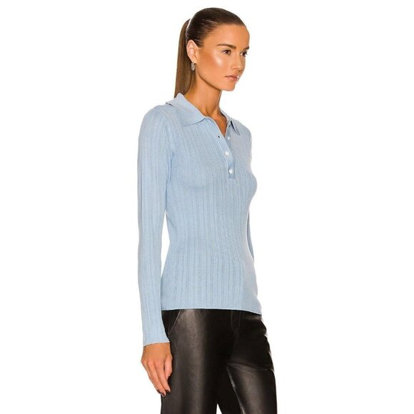 CO Long Sleeve Polo Silk Knit Top Sky Blue Womens Size Large - Picture 3 of 10
